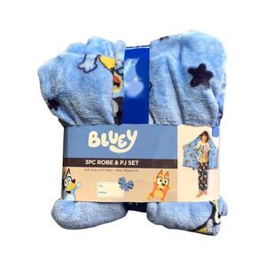 Licensed Character Boys 3-Piece Robe & Pajama Set, Cozy Knit Polyester - Bluey